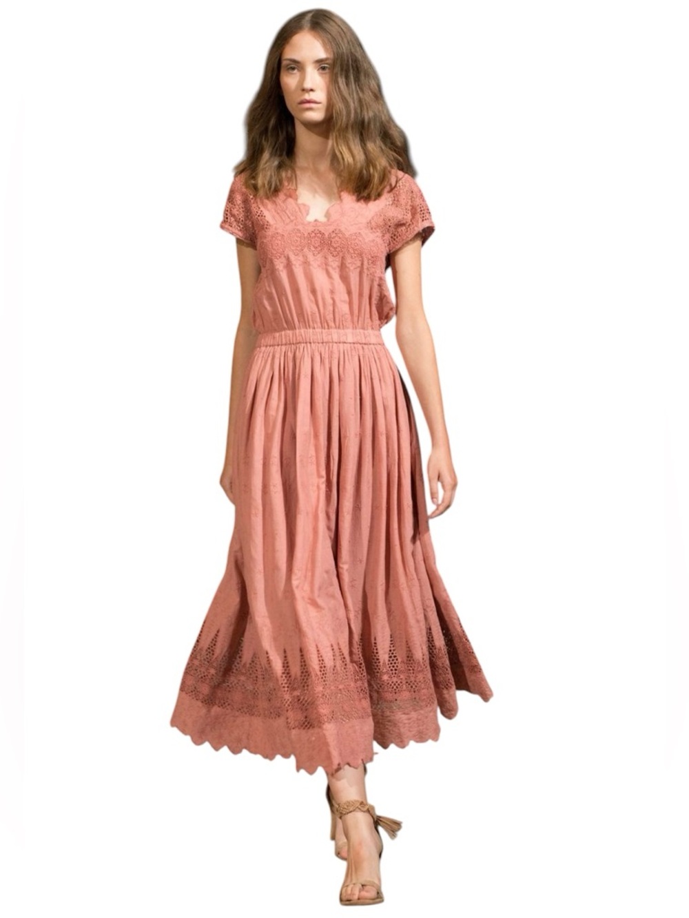 ULLA JOHNSON Savannah Dusty Rose Pink Eyelet Midi Dress Boho Style Size 2